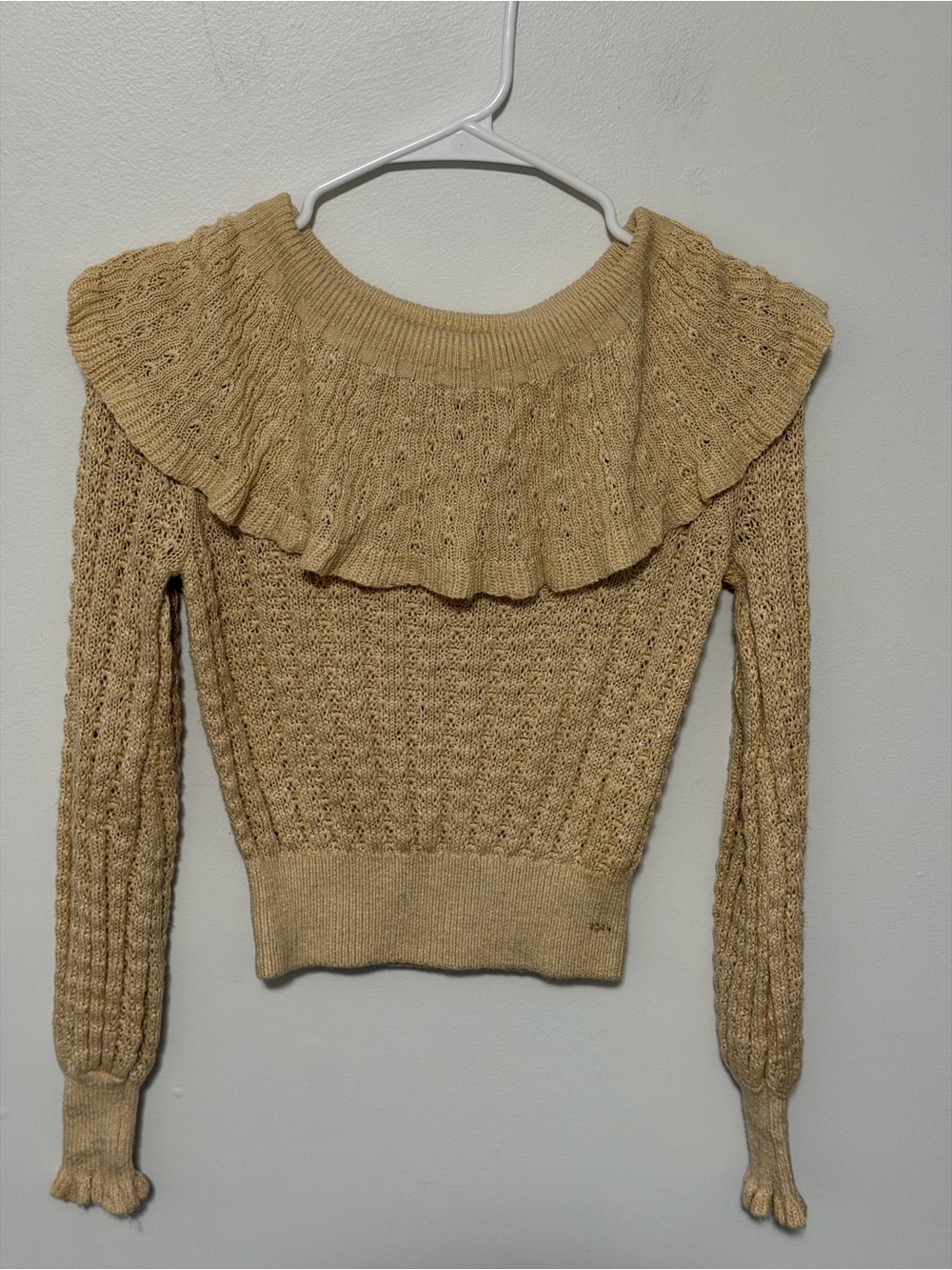 Beige Pointelle Knit Ruffle Collar Cropped Sweater Romantic Cottagecore - Picture 3 of 5